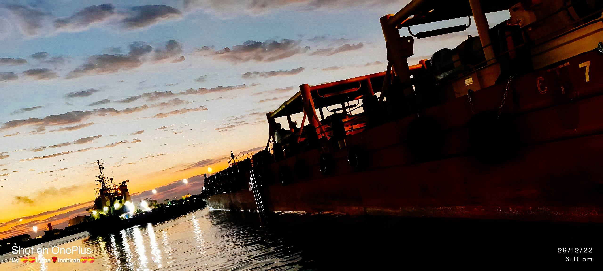 Engineering vessels at sunset